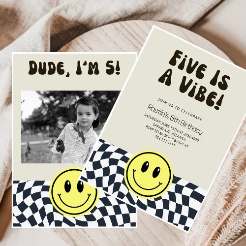 Five is Vibe  Boys Happy Face Kids 5th Birthday  Invitation