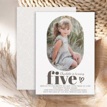 Five Modern Minimal Photo 5th Birthday Party Invitation by DancingPelican at Zazzle
