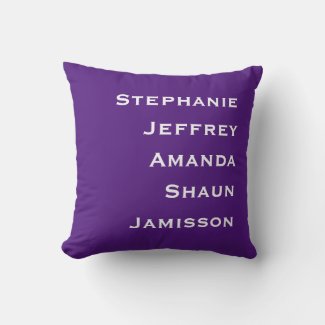 Five Names Purple and White Square Throw Pillow