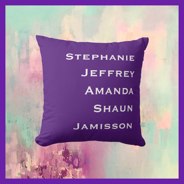 Five Names Purple and White Square Throw Pillow (Creator Uploaded)