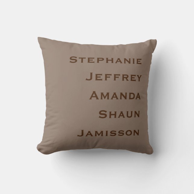 Five Names Tan and Brown Square Throw Pillow (Front)