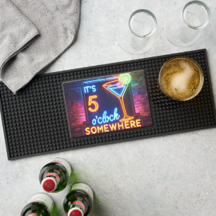 Five O' Clock Somewhere Neon Sign On Brick Bar Mat