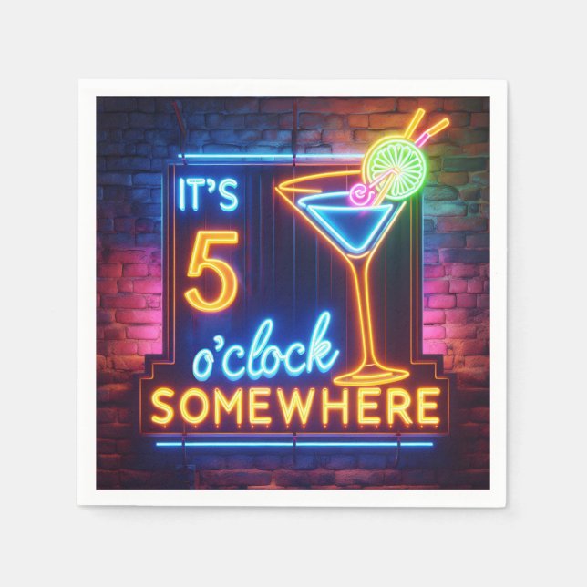 Five O' Clock Somewhere Neon Sign On Brick Napkins (Front)