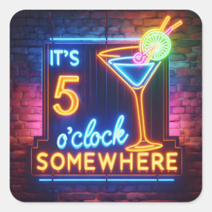 Five O' Clock Somewhere Neon Sign On Brick Square Sticker