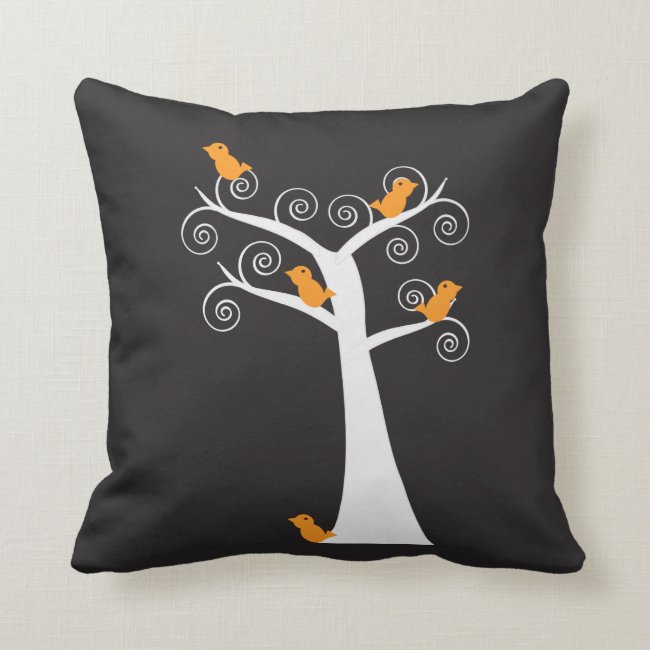 Five Orange Birds in a Tree Black Pillows
