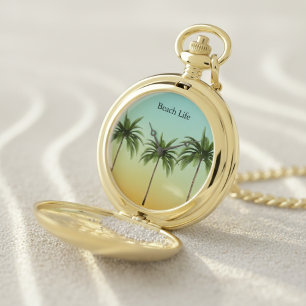Five Palm Trees in a Row, beach life         Pocket Watch