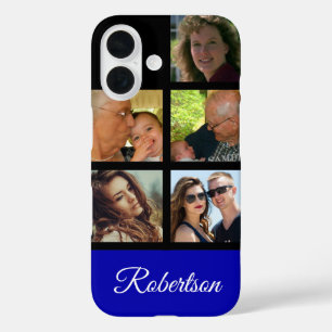 Five Personal Photos personalize with Name blue iPhone 16 Case