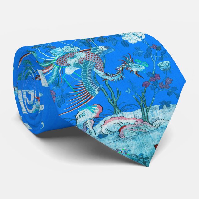 Five Phoenixes in Garden Chinese Blue Floral  Neck Tie (Rolled)