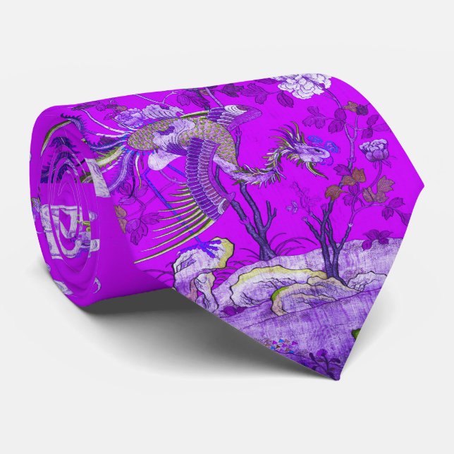Five Phoenixes in Garden Chinese Purple Floral  Neck Tie (Rolled)