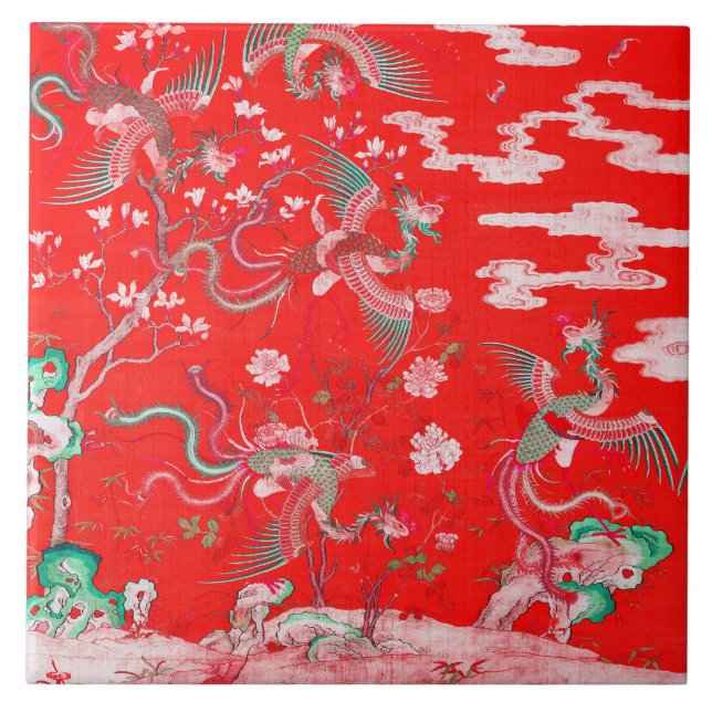 Five Phoenixes in Garden Chinese Red Floral  Ceramic Tile (Front)