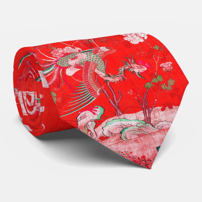 Five Phoenixes in Garden Chinese Red Floral  Neck Tie (Rolled)