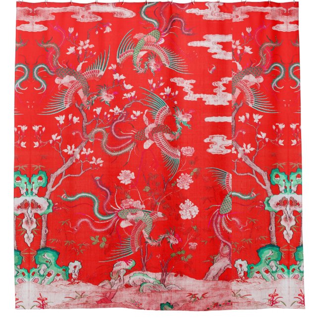 Five Phoenixes in Garden Chinese Red Floral  Shower Curtain (Front)