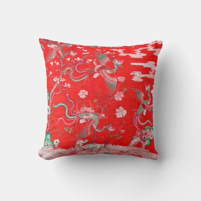 Five Phoenixes in Garden Chinese Red Floral  Throw Pillow (Front)