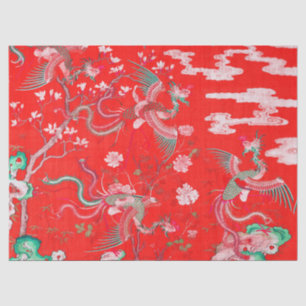 Five Phoenixes in Garden Chinese Red Floral Tissue Paper