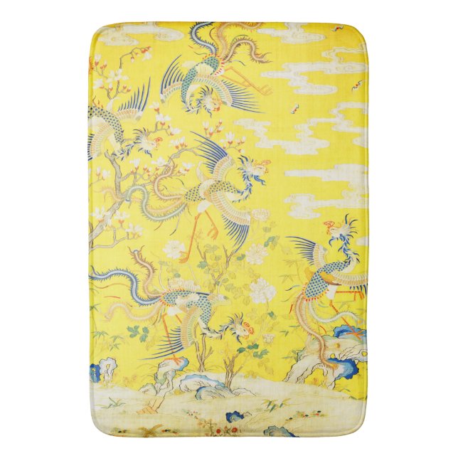 Five Phoenixes in Garden Chinese Yellow Floral Bath Mat (Front Vertical)