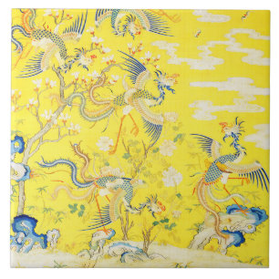 Five Phoenixes in Garden Chinese Yellow Floral Ceramic Tile