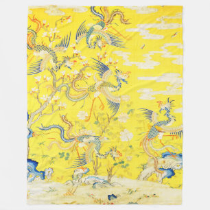 Five Phoenixes in Garden Chinese Yellow Floral Fleece Blanket