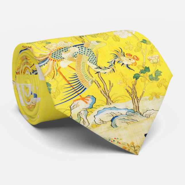 Five Phoenixes in Garden Chinese Yellow Floral Neck Tie (Rolled)