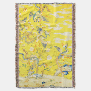 Five Phoenixes in Garden Chinese Yellow Floral Throw Blanket