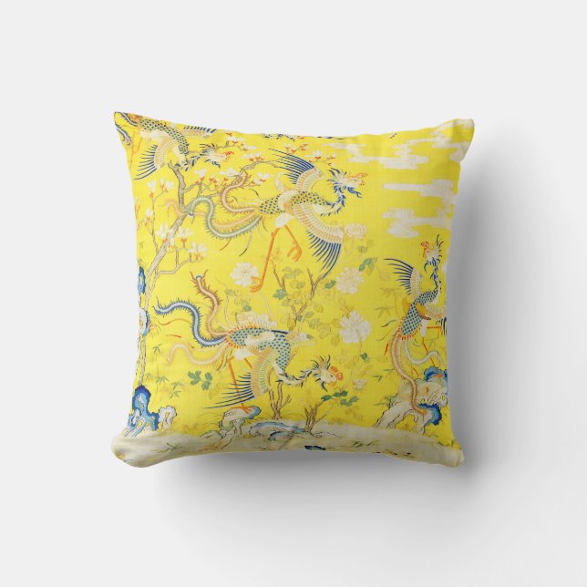 Five Phoenixes in Garden Chinese Yellow Floral   Throw Pillow (Front)