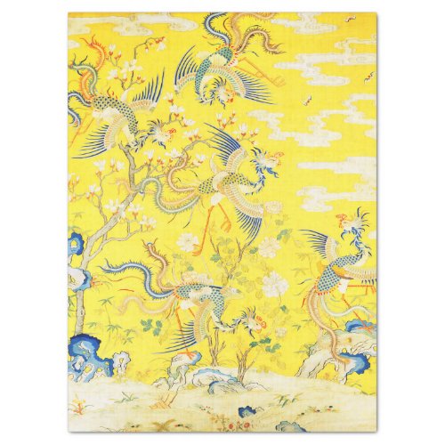 Five Phoenixes in Garden Chinese Yellow Floral Tis Tissue Paper