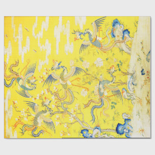 Five Phoenixes in Garden Chinese Yellow Floral Wrapping Paper