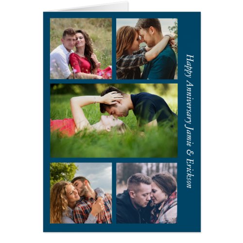 Five Photo Anniversary Teal Blue Card