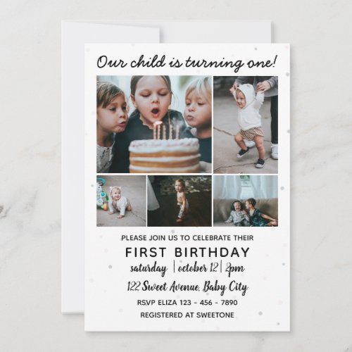 Five Photo Collage Childs First Birthday Invitation
