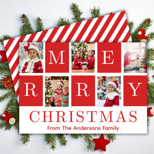 Five Photo Collage Red & White Merry Christmas Holiday Card