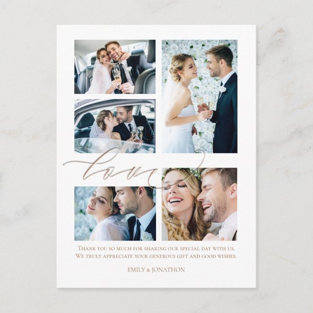 Five photo collage Script Love Wedding Thank You Postcard (Front)