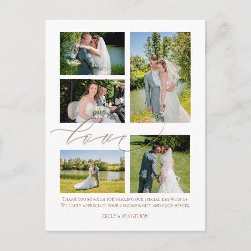 Five photo collage Script Love Wedding Thank You Postcard