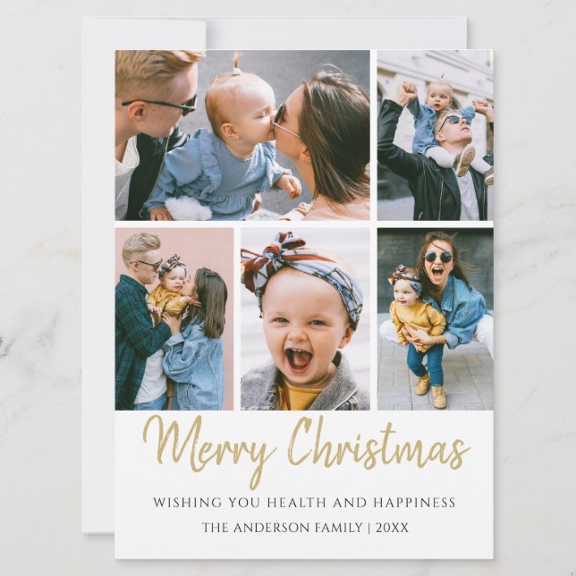 Five Photo Gold Merry Christmas Holiday Card (Front)
