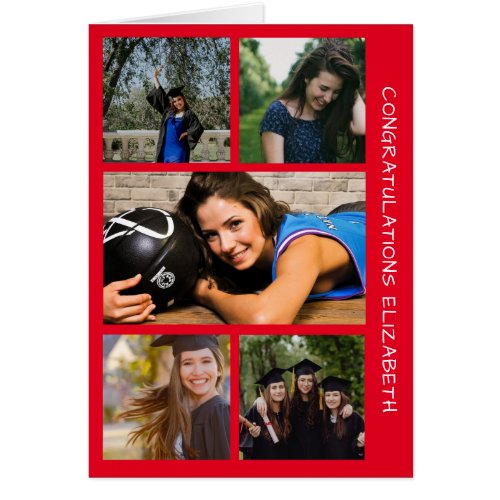 Five Photo Graduation Collage Red Congrats Card