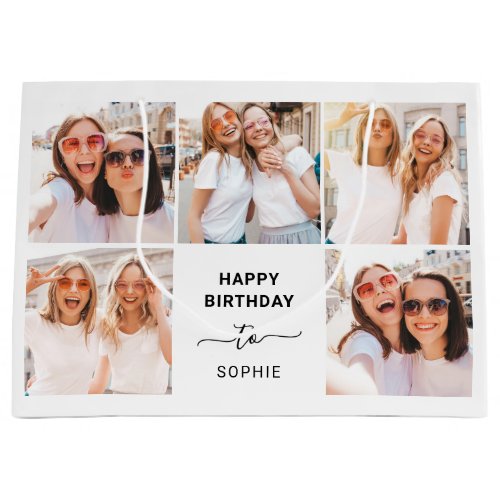 Five Photo Grid  Black and White Happy Birthday Large Gift Bag