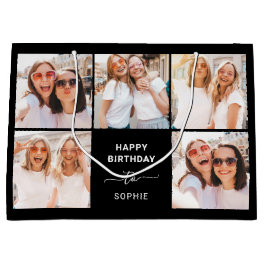 Five Photo Grid Black Happy Birthday Large Gift Bag