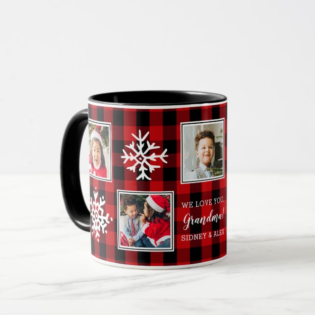 Five Photo Plaid | Snowflakes | Red | Mug (Front Left)