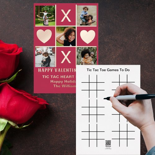 Five Photo Tic Tac Toe Heart Magenta Valentine Foil Holiday Card