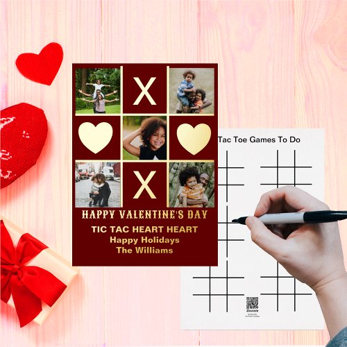 Five Photo Tic Tac Toe Heart Red Valentine Foil Holiday Card