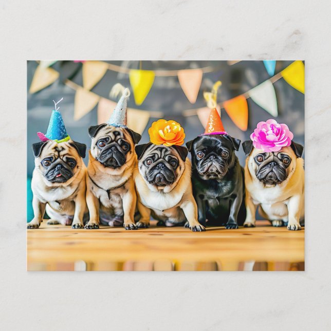 Five Pugs with Party Hats Together Postcard (Front)