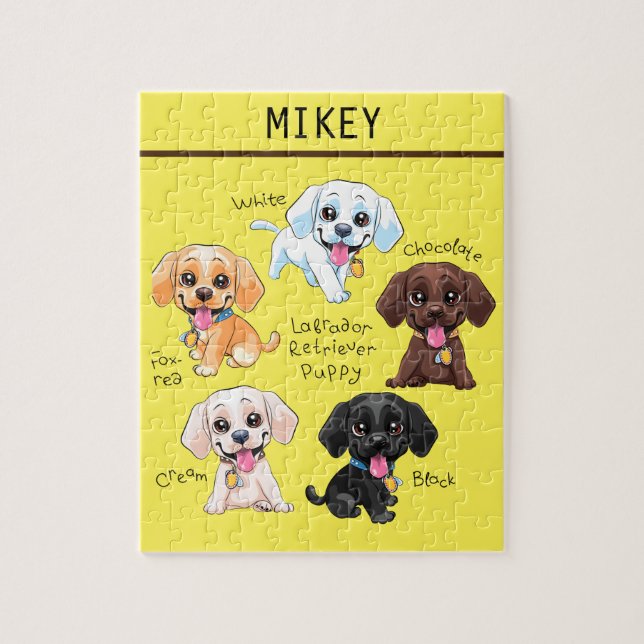 Five puppies puzzle with personalized name. (Vertical)