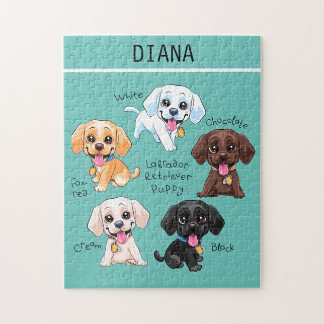 Five puppies puzzle with personalized name. (Vertical)