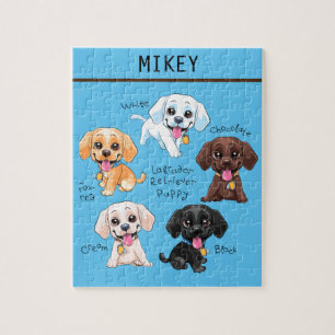 Five puppies puzzle with personalized name.