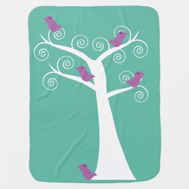 Five Purple Birds in a White Tree Turquoise