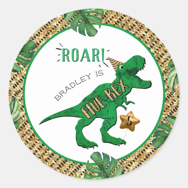 Five-Rex Dinosaur 5th Birthday Classic Round Sticker (Front)