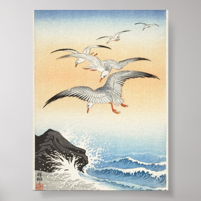 Five Seagulls Above Turbulent Sea by Ohara Koson  Poster (Front)