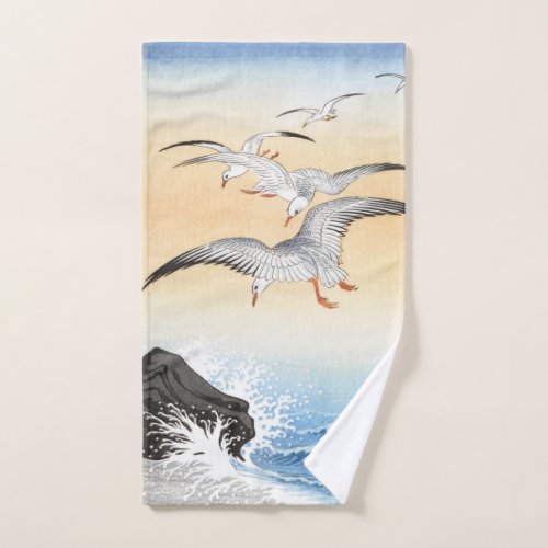 Five seagulls above turbulent sea _ Ohara Koson _  Hand Towel
