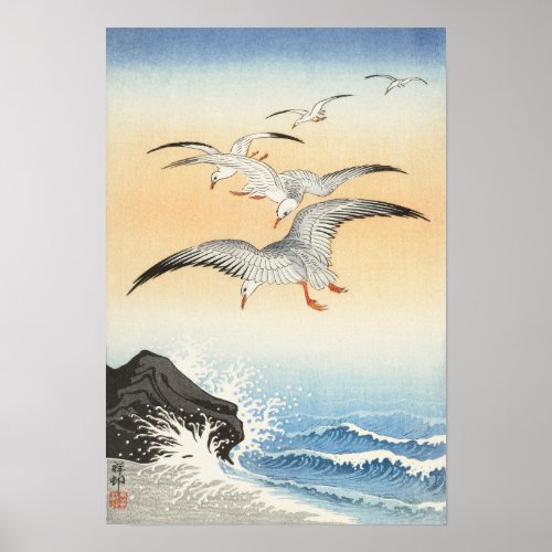 Five Seagulls Above Turbulent Sea Poster