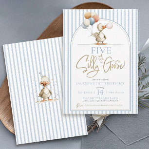 FIVE Silly Goose Cute Pinstripe Boy 4th Birthday Invitation