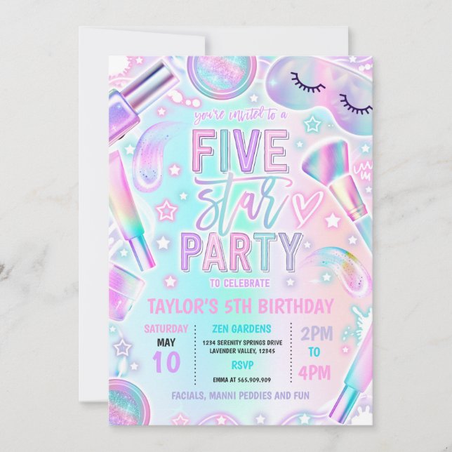Five Star Party Pastel Spa Makeup 5th Birthday Invitation (Front)