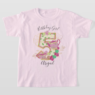 Five Tea Party Birthday Girl   Floral T-Shirt